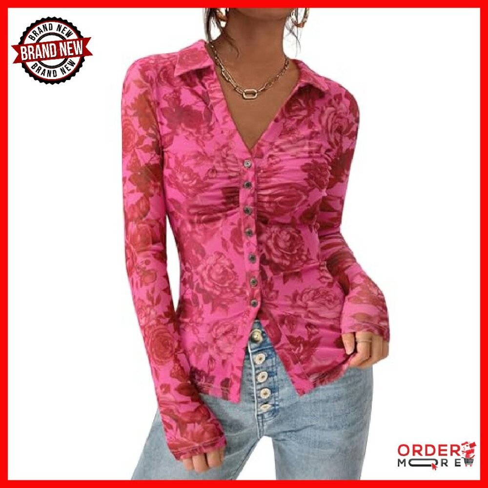 Floral Mesh Blouse Long Sleeve V Neck Boho Button Down Shirt - Picture 2 of 8